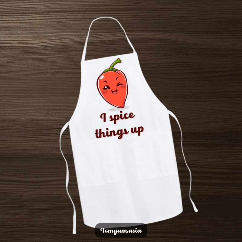 Funny Kawaii chili pepper winking on a kitchen apron, bringing humor and spice to cooking.