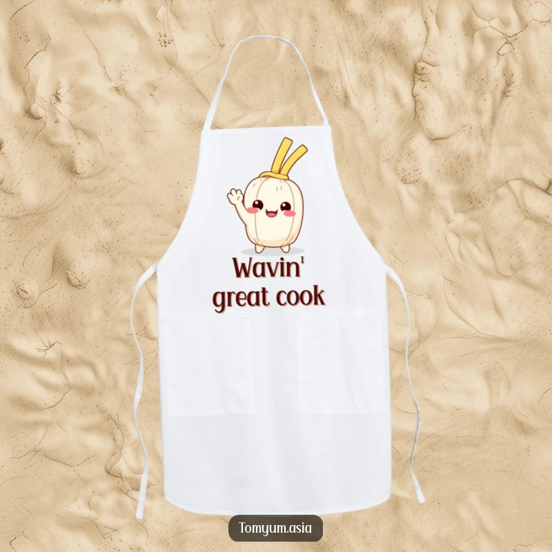Funny Kawaii noodle happily waving on a kitchen apron, bringing humor to culinary tasks.
