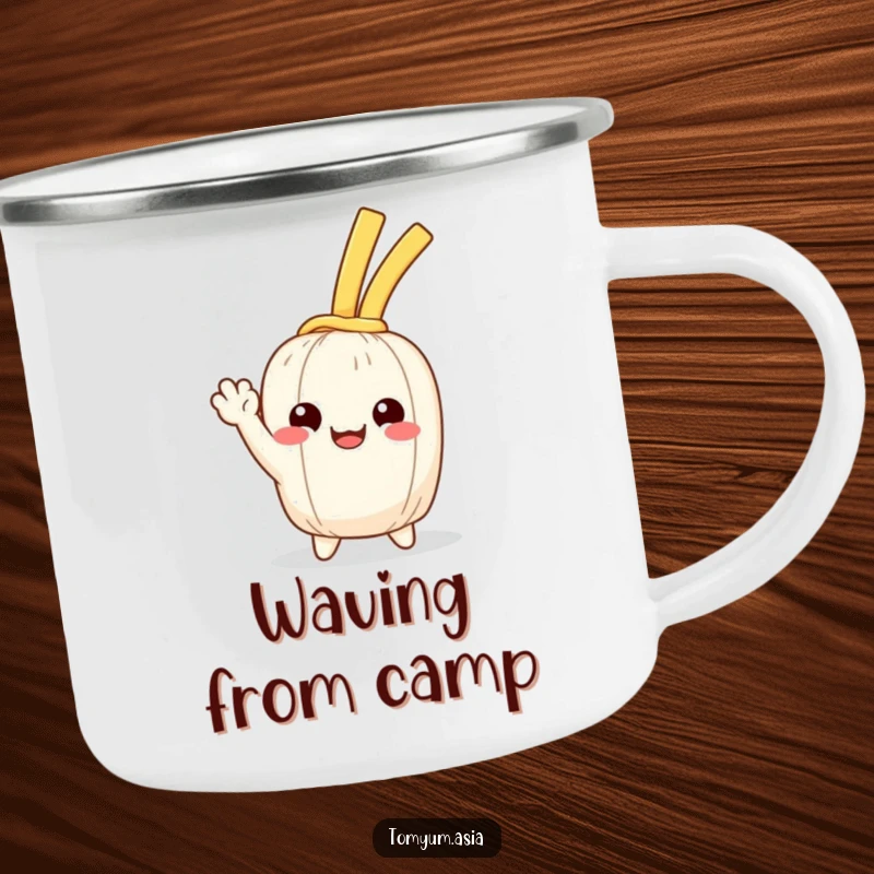 Funny Kawaii noodle happily waving on a camping mug, perfect for humorous outdoor drinks.