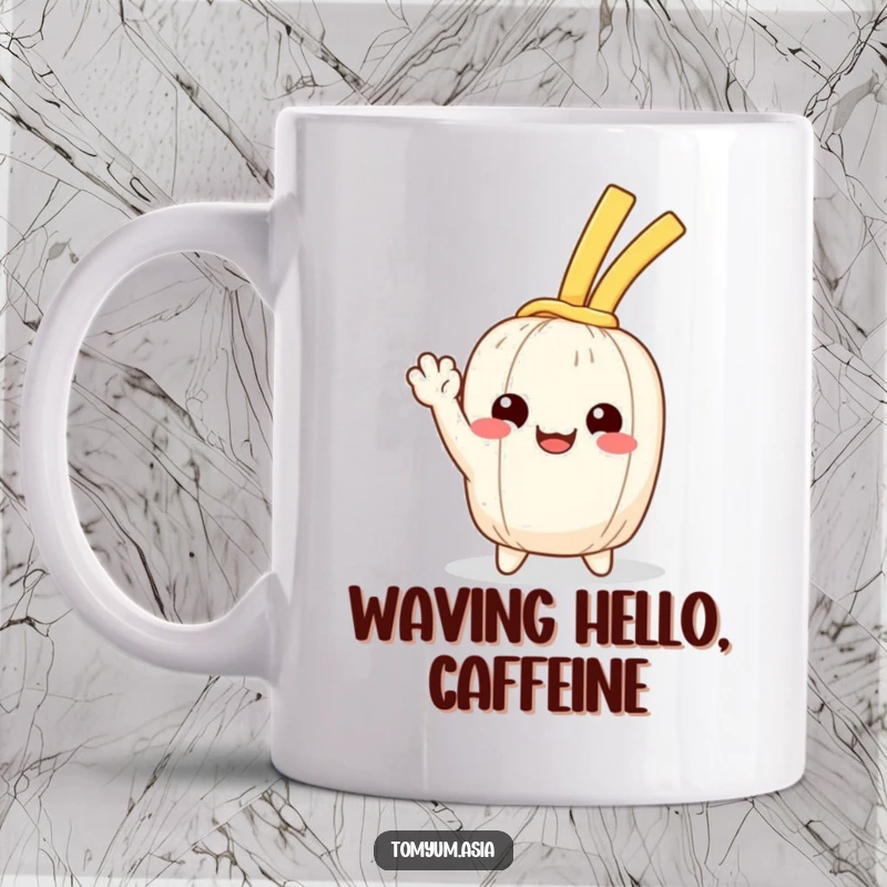 Funny Kawaii noodle happily waving with a cheerful expression, a delightful and humorous mug.