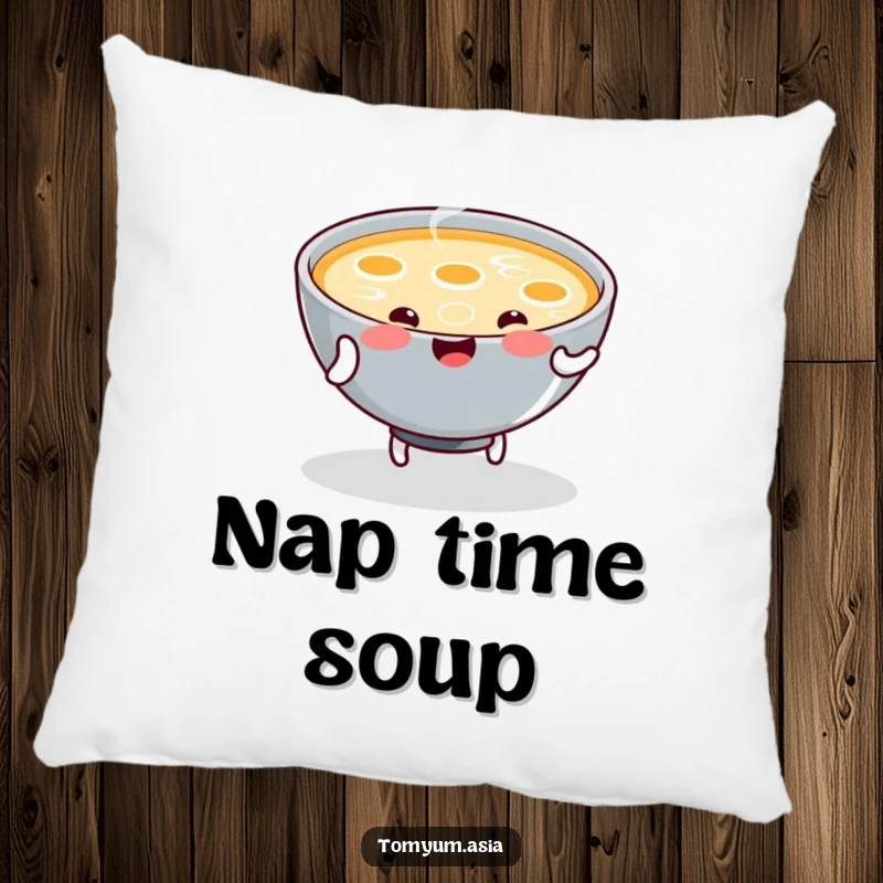 Funny Pillow features a kawaii bowl of steaming soup joyfully dancing, perfect for adding comfort and cheerful vibes.