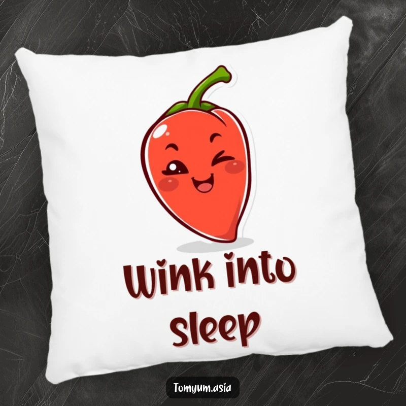 Funny Kawaii chili pepper winking on a plush pillow, adding cute and humorous spice.