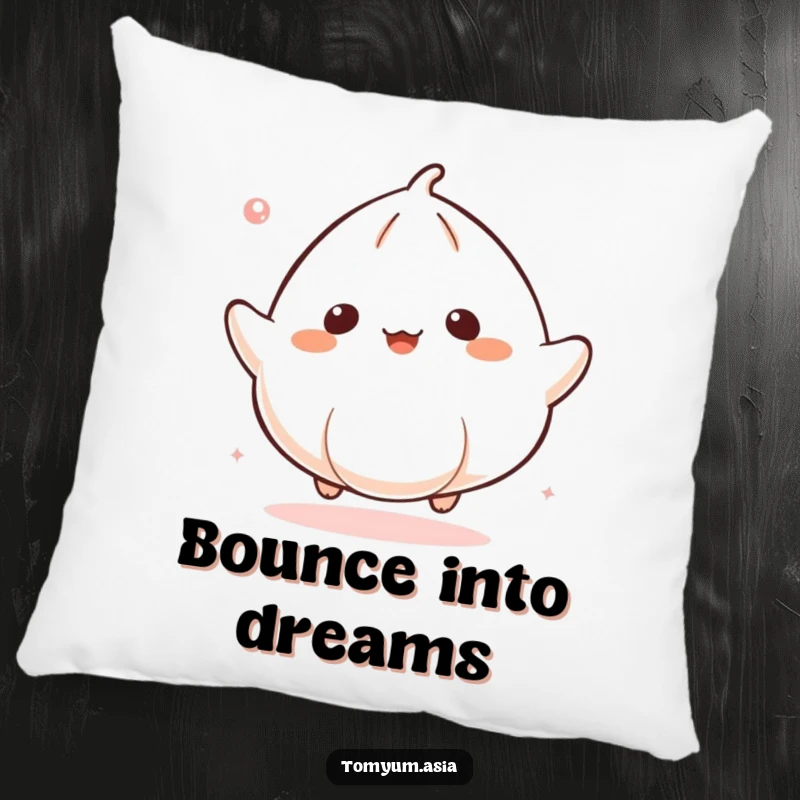 Funny Kawaii dumpling bouncing on a plush pillow, adding cute and humorous comfort.