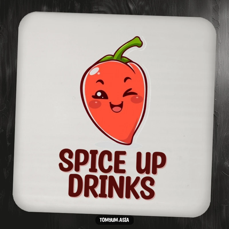 Funny Kawaii chili pepper winking on drink coasters, bringing humor and spice to tabletops.