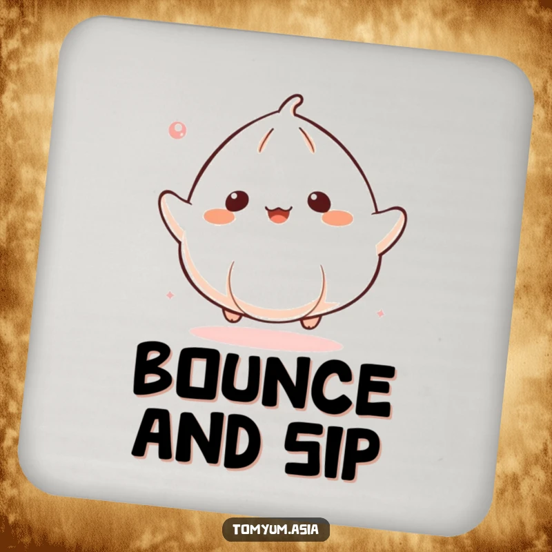 Funny Kawaii dumpling gleefully bouncing on drink coasters, bringing humor to tabletops.