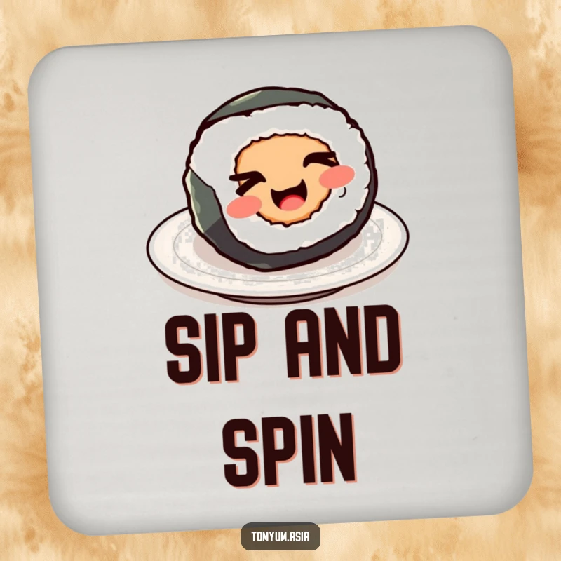Funny Kawaii sushi roll winking on a drink coaster, adding a humorous touch to tabletops.