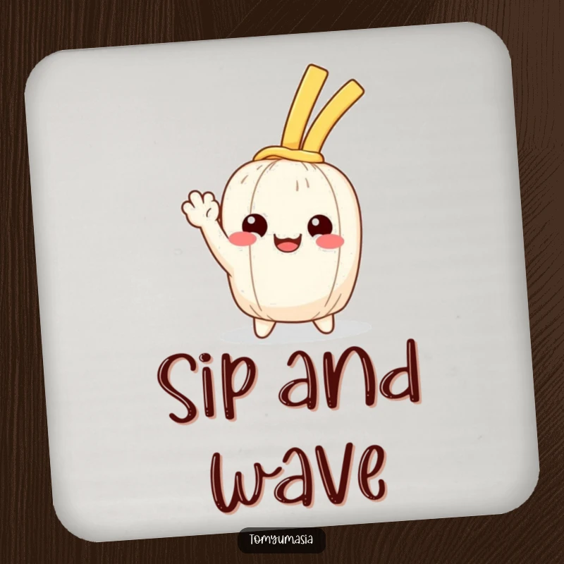 Funny Kawaii noodle happily waving on drink coasters, bringing humor to tabletops.