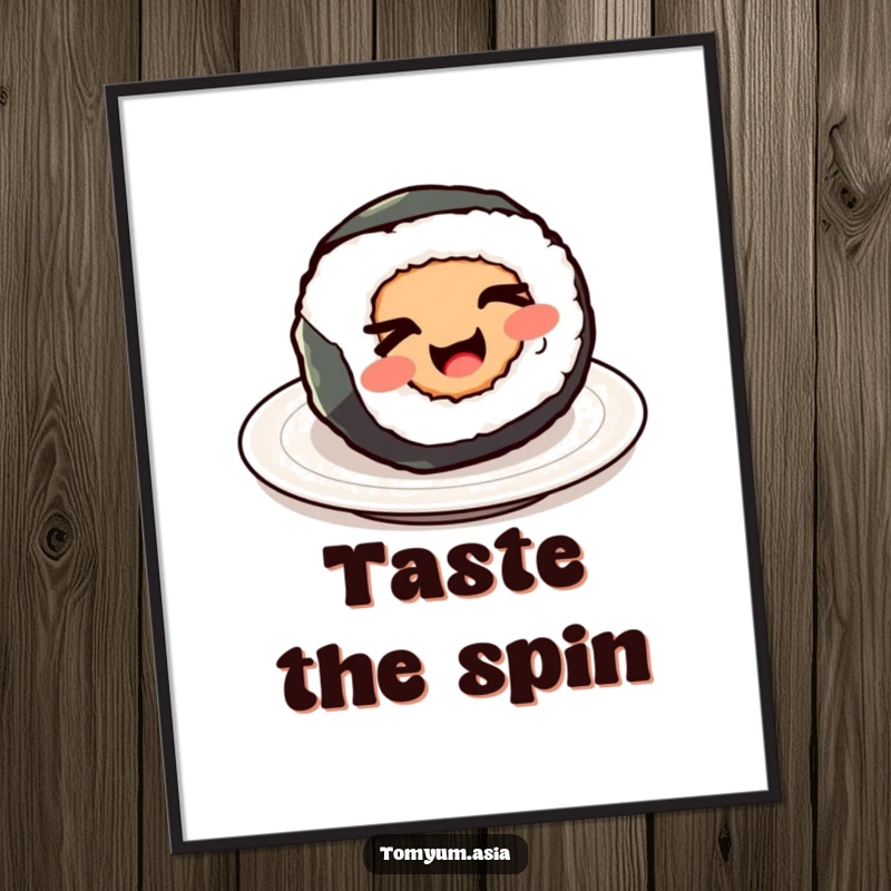 Funny Kawaii sushi roll art print playfully spinning and winking, a humorous wall decoration.