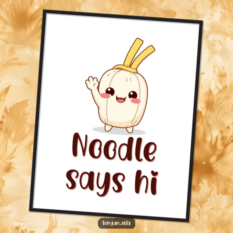 Funny Kawaii noodle art print, happily waving with a cheerful expression, perfect for humor.