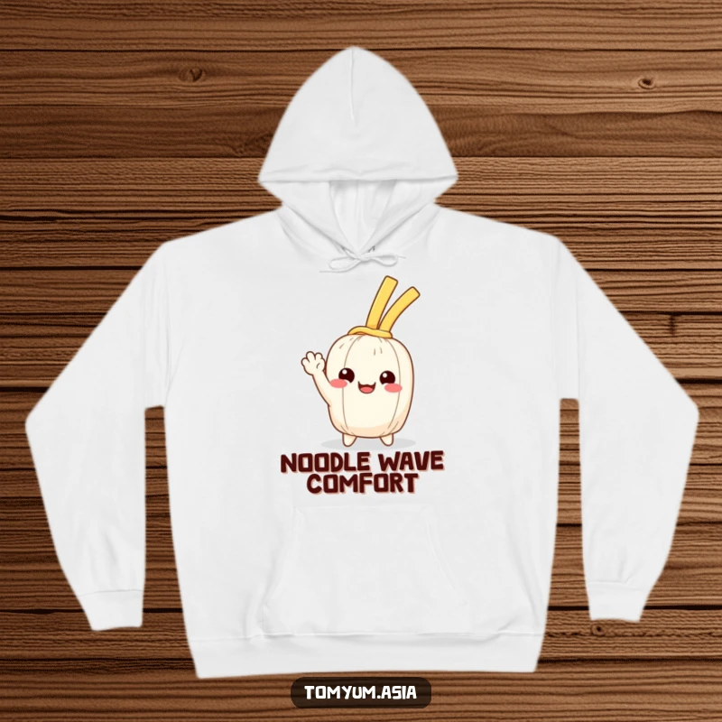 Funny Kawaii noodle happily waving on a soft hoodie, perfect for cozy, cheerful wear.