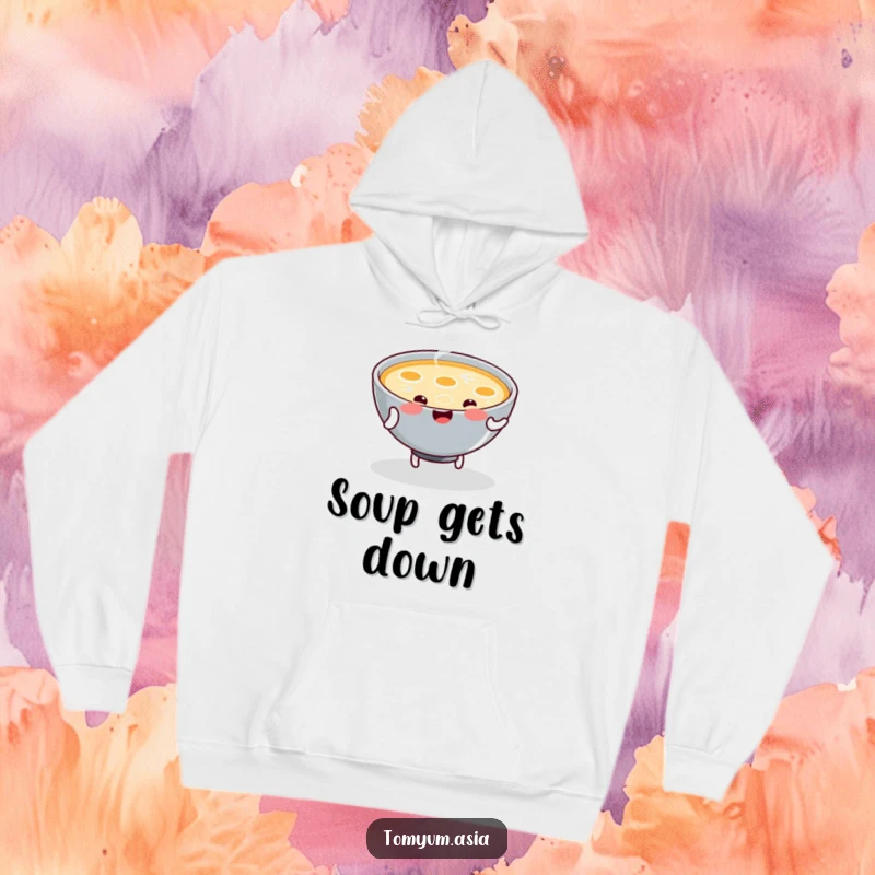 Funny Hoodie depicts a kawaii bowl of steaming soup joyfully dancing, perfect for cozying up on a cold day.