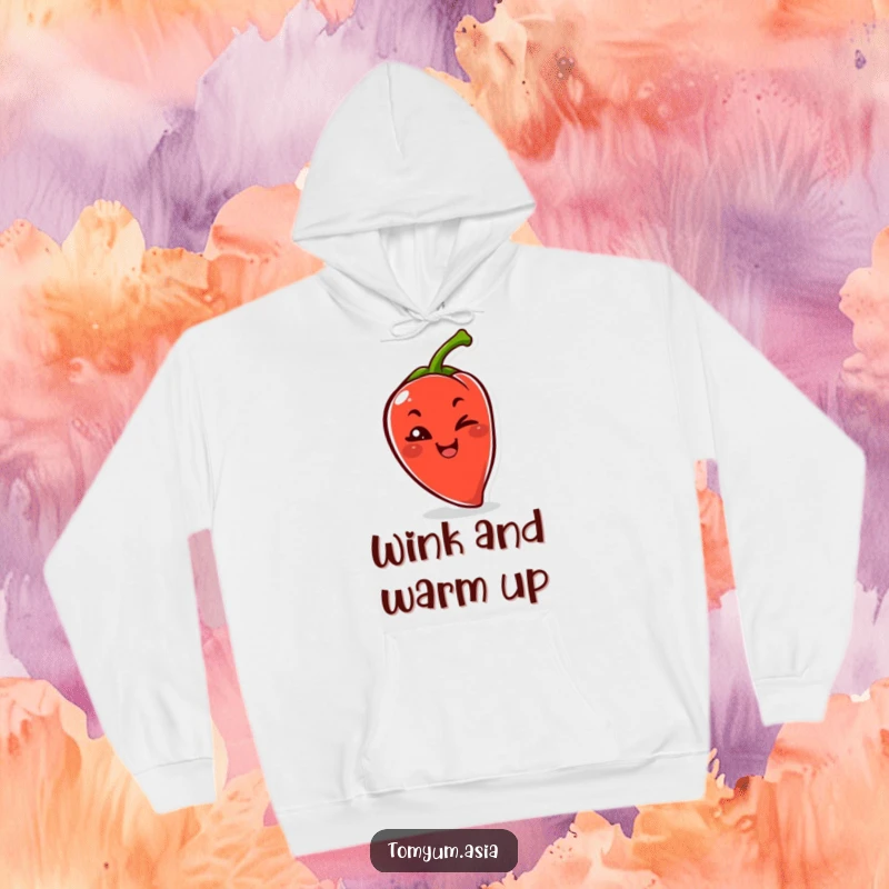 Funny Kawaii chili pepper winking mischievously on a cozy hoodie, perfect for warm, humorous wear.