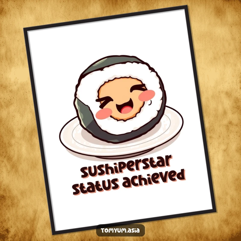 Funny Free Printable Wall Art: A kawaii sushi roll playfully spins on a plate, offering a cheeky wink.