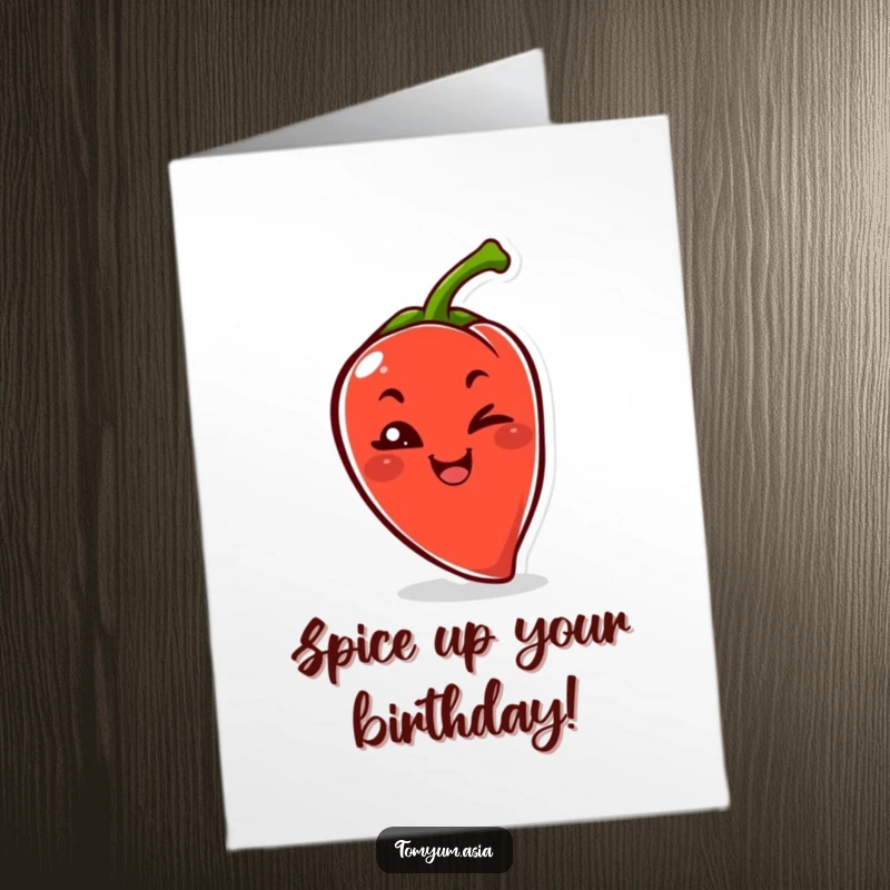 Funny Free Printable Birthday Card: A kawaii chili pepper playfully winks with a mischievous grin.