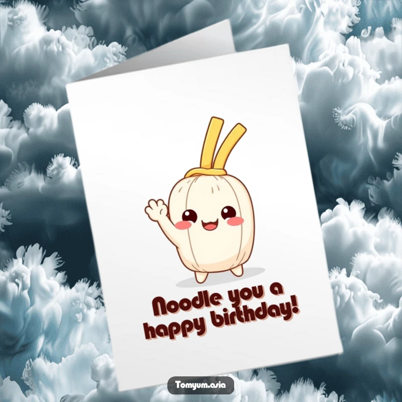 Funny Free Printable Birthday Card: A kawaii noodle waves happily with a big, cheerful expression.