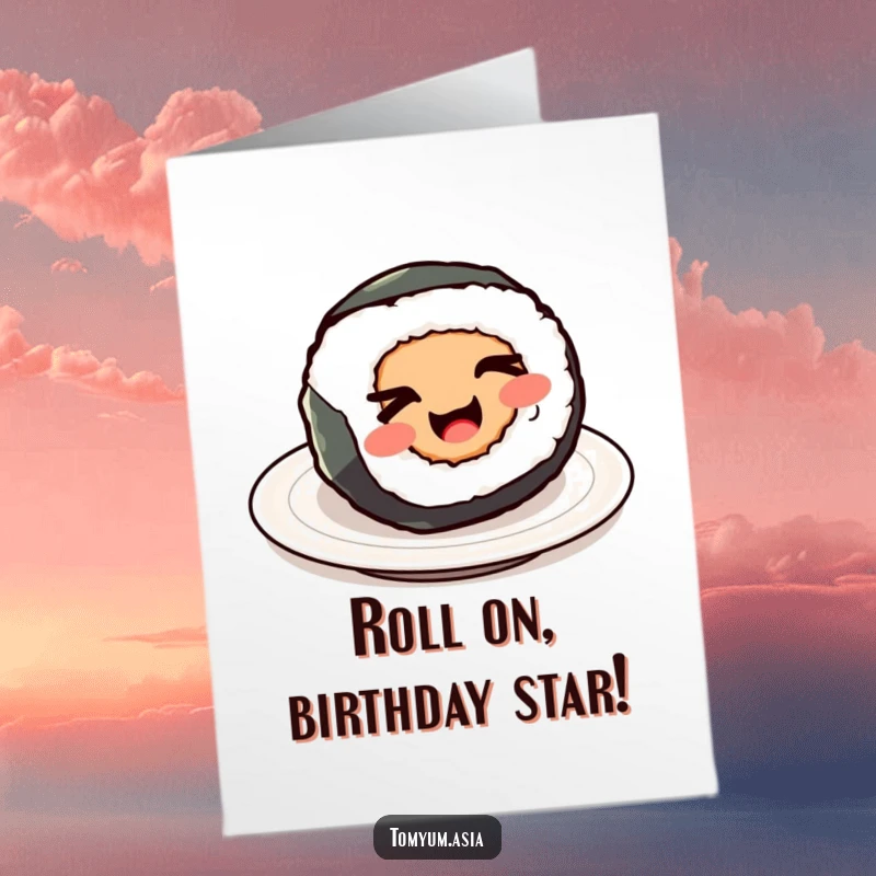 Funny Free Printable Birthday Card featuring a kawaii sushi roll playfully spinning with a mischievous wink on a plate.