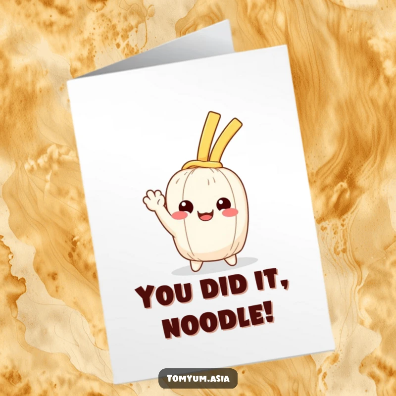Funny Free Printable Congratulations Card: A kawaii noodle happily waves, celebrating your wonderful news.