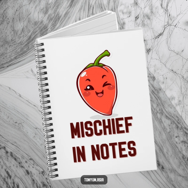 Funny Kawaii chili pepper winking on a notebook cover, ideal for spicy and humorous notes.