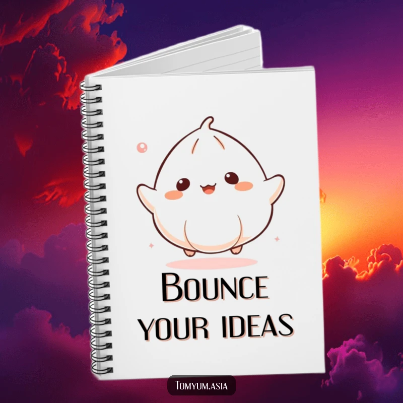 Funny Kawaii dumpling bouncing on a notebook cover, ideal for fun and humorous notes.