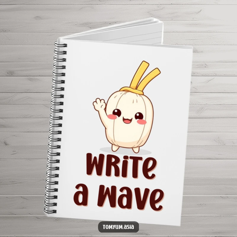 Funny Kawaii noodle happily waving on a notebook cover, ideal for cheerful and humorous notes.