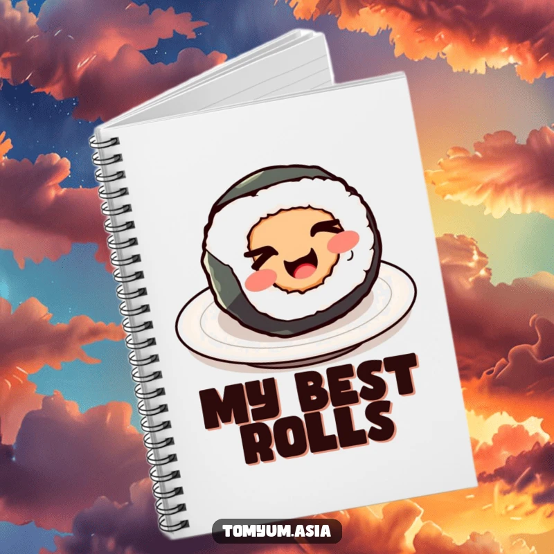 Funny Kawaii sushi roll winking on a notebook cover, ideal for humorous note-taking.