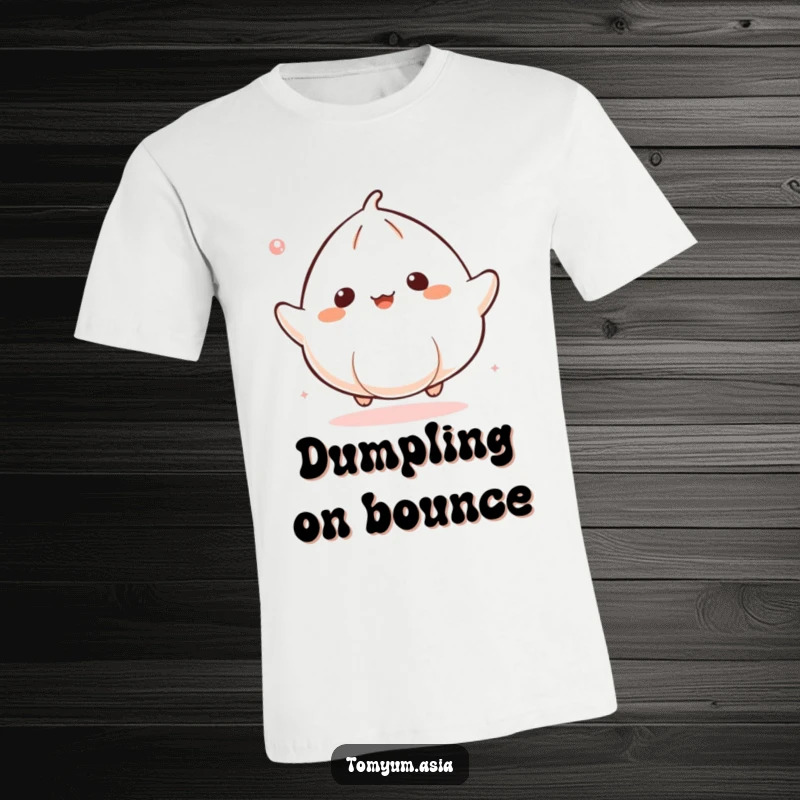 Funny Kawaii dumpling gleefully bouncing on a t-shirt, conveying pure joy and humor.