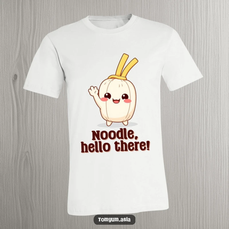 Funny Kawaii noodle happily waving on a t-shirt, radiating pure joy and humor.