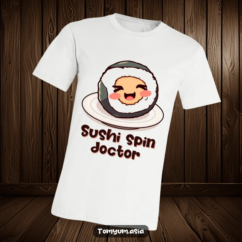 Funny Kawaii sushi roll playfully spinning and winking, adorably humorous t-shirt for food lovers.
