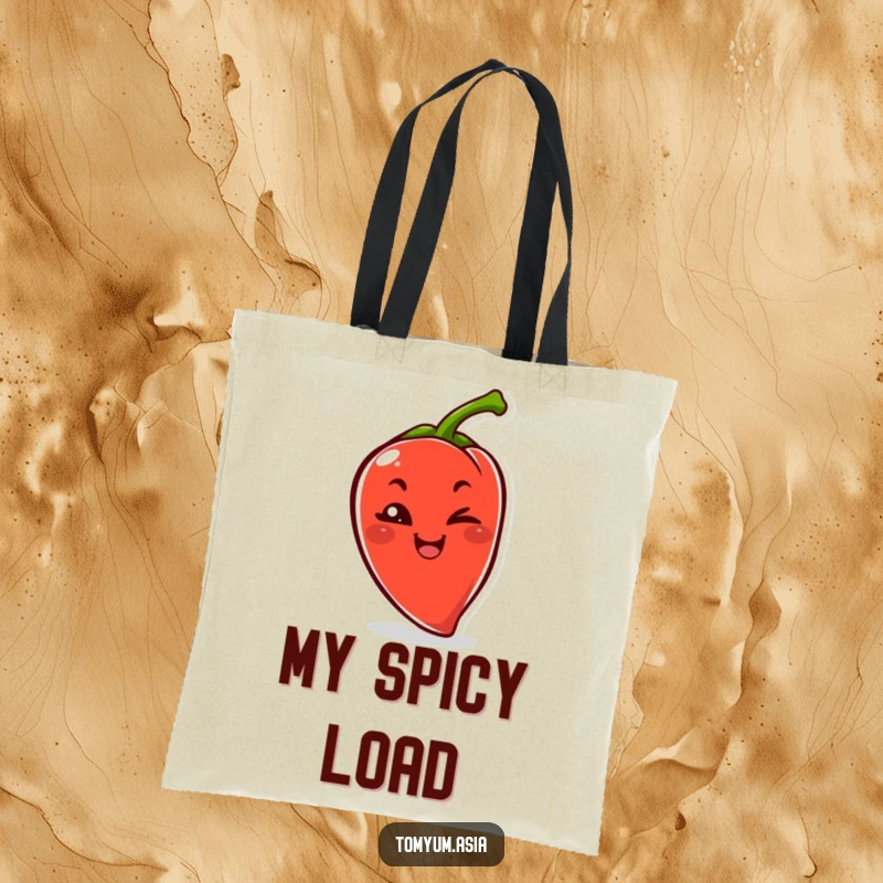 Funny Kawaii chili pepper winking on a tote bag, a cute and humorous accessory.