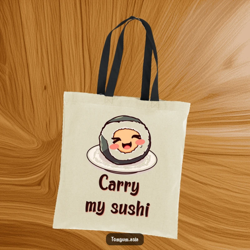 Funny Kawaii sushi roll winking on a durable tote bag, a humorous and practical accessory.